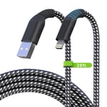 Câble De Chargeur D'iphone Long, 20ft/6m Câble Lightning [Certifié A Pple Mfi] Tressé En Nylon 2.4a Charge Rapide Câble De Synchronisation, Usb A Câble De Charge Pour Iphone 14 13 12 11 Pro