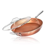 Gotham Steel 14 Inch Nonstick Fry Pan with Lid – Hammered Copper Collection, Premium Aluminum Cookware with Stainless Steel Handles Dishwasher and Oven Safe