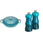 Le Creuset Signature Enamelled Cast Iron Shallow Casserole Dish With Lid + Le Creuset Classic Salt & Pepper Mill Set, Personal Use, Chip-resistant ABS Plastic, Anti-Corrosion, 11 cm, Teal