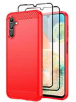 Teayoha Case for Samsung Galaxy A14 5G/4G, with Tempered Glass Screen Protector [2 Pack], Carbon Fiber Scratch Resistant, Shock Absorption Soft TPU Drawing Protective Cases Phone Cover - Red