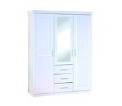 Inter Link - Armoire - Armoire à portes battantes - Armoire avec glace - Armoire penderie - Armoire de chambre à coucher - 3 portes - 3 tiroirs - Pin massif - Geraldo - Blanc laqué