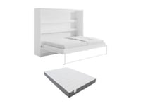 Lit escamotable 140 x 200 cm - Ouverture horizontale manuelle - Avec LEDs - Blanc + Matelas - RAPILI