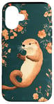 Coque pour iPhone 16 Orange minimaliste floral mignon loutre de mer sur bleu sarcelle uni