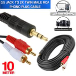 10Meter 3.5mm Stereo Audio Jack to 2 x Twin Male RCA Phono Plugs Cable Lead Gold