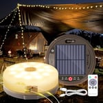 HELESIN Guirlande lumineuse de camping enroulable - 12,8 m - 128 LED - Chargement solaire et USB - Lampe de camping portable - 3600 mAh - Intensité variable - 8 modes d'éclairage pour camping, fête,