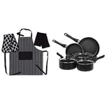 Penguin Home Amazon Basics 8-Piece Non-Stick Cookware Set Apron, Double Oven Glove and 2 Kitchen Tea Towels Set - Black/White