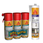 SIKA - Lot de 3x400ml, Mousse PU Moyen Format, Sika Boom 128, expansion 20L, Usage tous sens, Blanc + 1x Mastic Silicone Neutre, SikaSeal 110 Menuiserie et Vitrage, Multi-supports, 300ml, Blanc PVC