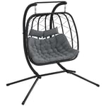 Outsunny Outdoor PE Rattan 2 Seaters Swing Chair with Thick Padded Cushion, Patio Hanging Egg Chair with Metal Stand, Headrest, for Indoor and Outdoor, Black