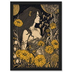 Woman in Flower Field Midsummer Night Illustration Artwork Framed Wall Art Print A4