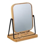 Relaxdays Miroir de Maquillage, pivotant à 360°, H x l : 18 x 12 cm, Cadre en Bambou, Support en métal, Coiffeuse, Naturel/Noir