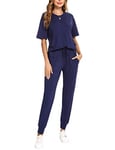 Irevial Décontracté Femme Ensembles Survetement Été Yoga Sportswear Femme T-shirt Manche Courts Longues Pantalon Joggers Bleu marine,XXL