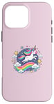 Coque pour iPhone 16 Pro Max Licorne ludique volant à travers le ciel étoilé avec arc-en-ciel