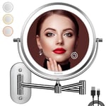 Auxmir Miroir Grossissant Lumineux Mural x20, LED Miroir Maquillage Mural avec 3 Modes de Couleur, 1X/20X Grossissement Charge USB, Écran Tactile, 360° Pivotant et Extensible pour Salles de Bain