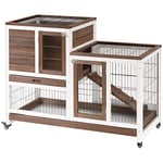 PawHut Clapier à Lapin sur roulettes Cage à Lapin intérieur extérieur 2 étages 2 Portes verrouillables 2 Plateaux coulissants Rampe Bois de Sapin Marron Blanc