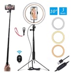 AJH 10" Ring Light with Tripod Stand Selfie Stick & Cell Phone Holder for Live Stream YouTube Video Makeup Vlog Photography Compatible with iPhone Android (10")