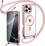 Collier Magnétique Coque Avec Cordon Pour Iphone 16 Pro Max,Transparent Réglable Étui Chain Chaine Housse De Souple Silicone Antichoc Etui Bandouliere Laniere Pour Iphone 16 Pro Max-Rose-Gold