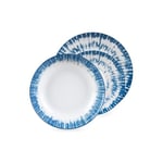 Service d'assiettes en porcelaine à rayures blanches et bleues – Lot de 18 pièces idéal pour 6 personnes et servir premier, deuxième et dessert avec assiettes plates, fonds et à desserts – Lavables au