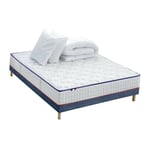 Pack complet Matelas 594 Ressorts + Sommier Bleu denim + Couette + 2 Oreillers 140x190cm chantilly - Confort Design