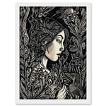 Artery8 Woman with Crow in a Field Black and White Linocut Artwork Framed Wall Art Print A4