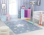 Surya Étoiles Tapis Chambre Enfant Lavable Bleu, Gris et Crème - Tapis Enfant Poil Court Coloré et Doux pour Chambres à Coucher, Salle de Jeu - Tapis Chambre Fille, Garçon, Bébé - 120x170cm