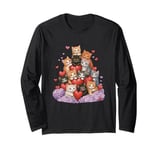 Valentines Day Cat with Flowers Hearts Cute Cat Women Girls Long Sleeve T-Shirt