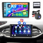 Ohradio 2G+64G Autoradio Android pour Peugeot 308 308S 2015 2016 2017 2018, Carplay Android Auto sans Fil, Écran Tactile de 9" avec WiFi GPS FM/RDS BT SWC+Caméra de Recul+MIC