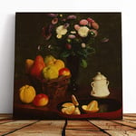 Big Box Art Canvas Print Wall Art Henri Fantin-Latour Still Life Fruit with Flowers (5) | Mounted & Stretched Box Frame Picture | Home Decor for Kitchen, Living Room, Bedroom, Muli-Colour, 14x14 Inch