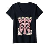 Womens Halloween Pastel Pink Skeleton Rib Cage V-Neck T-Shirt