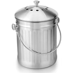 Seau Compost Inodore en Acier Inoxydable pour Cuisine - Poubelle Compost Cuisine - Comprend Filtres à Charbon de Rechange (inox Brillant, 5 litres)