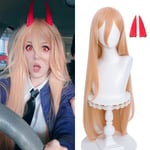 Orange Power Cosplay Peruk med Horn, Lång Rak Orange Anime Peruk för Kvinnor -28inch