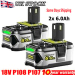 2x 6.0AH 18V Battery For Ryobi ONE +PLUS RB18L50 P108 Lithium RB18L40 P102 P109