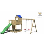 Fungoo - Aire de jeux treehouse avec grande plateforme, rampe d'accés avec corde, mur d'escalade, cabane, toiture, toboggan vert & accessoires de