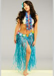 Womens Long Blue Hawaiian Grass Skirt with Flowers Fancy Dress Accessory