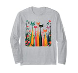 Mid Century Modern Cats Garden Long Neck Cat Flowers Long Sleeve T-Shirt