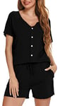 Vlazom Pyjama Femme ete,Ensemble Pyjama Court Femme Haut à Manche Courte avec Boutons Pyjamas Short Femme Couleur Unie 2 Pièces,XL,B-Noir