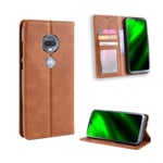 Motorola Moto G7 auto-absorbed vintage tyylinen nahkainen flip suojakotelo - Ruskea