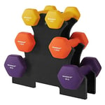 Songmics Hex hantel set med stativ, 2 x 1 kg, 2 x 1,5 kg, 2 x 2 kg, handvikter, gul, orange och lila