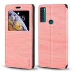 TCL 20 SE Case, Wood Grain Leather Case with Card Holder and Window, Magnetic Flip Cover for TCL 20 SE