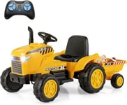 Tracteur Electrique Enfants 12V avec Remorque Amovible 3 Vitesses Télécommande Lumières LED Son Voiture Électrique Jaune