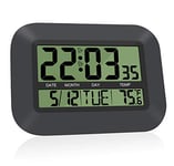 HeQiao Horloge de Bureau silencieuse - Horloge Murale numérique Simple - Grand écran LCD - avec Calendrier de température - pour la Maison et Le Bureau - Noir Nuit