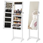 SONGMICS Armoire à Bijoux sur Pied, Rangement Bijoux avec Miroir Psyché Sans Cadre, Éclairage LED, Miroir de Maquillage Intégré, 2 Tiroirs, Verrouillable, Blanc Nuage JJC023W01