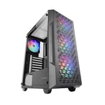 MARSGAMING MC-GEO, Boîtier Gaming ATX, 4X Ventilateurs FRGB Rainbow 12cm, Panneau Avant Mesh Géométrique, Fenêtre Verre Trempé, Semi-Tour PC Double Chambre, Support Refroidissement Liquide, Noir