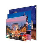 INFORMA Cadre photo LED blanc mat 3 changements de cadre photo sur le thème des villes européennes, sans cadre, 50 x 50 cm, 27 LED, motifs interchangeables avec impression directe UV