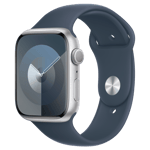 Refurbished Apple Watch Series 9 GPS, 45mm Silver Aluminium Case with S/M Storm Blue Sport Band