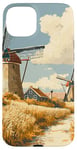 iPhone 15 Plus Wheat Fields With Windmills Landscape Vintage Graphic Case