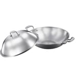 SOGA 3-Ply 42cm Stainless Steel Double Handle Wok Frying Fry Pan Skillet with Lid - Frying Pans - WokTRIFPG42