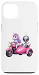 Coque pour iPhone 13 Licorne et extraterrestre OVNI équitation une moto garçons filles femmes