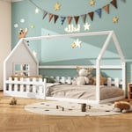 Lit Au Sol Enfant, Lit Plateforme Enfant 90 X 200cm, Lit Enfant Avec Barriere, Lit Maison Enfant, Forme De Cheminée, Structure En Bois Massif,