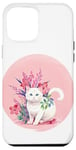 Coque pour iPhone 12 Pro Max Chat blanc mignon, fond rose, art floral