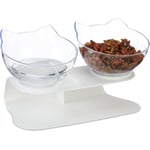 Double gamelle pour chat, 2 récipients, 500 ml, HxLxP : 16x27,5x13,5 cm, lot surélevé, blanc - transparent - Relaxdays